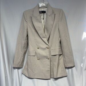 Zara Beige Checkered Double-Breasted plaid long sleeve Blazer jacket XS